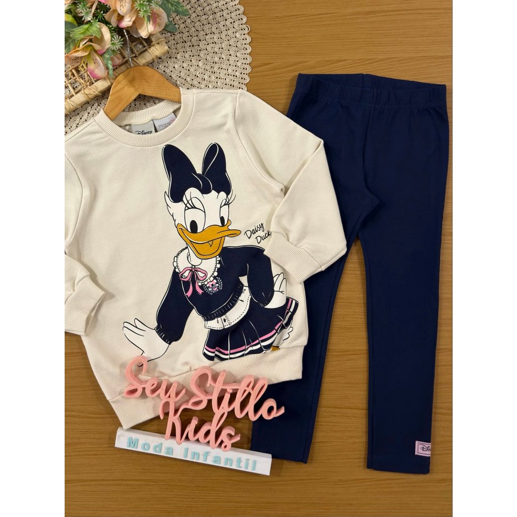 Conjunto Infantil Momi Inverno com Calça Leggign e Moletom sem Flanela Bege Margarida Disney