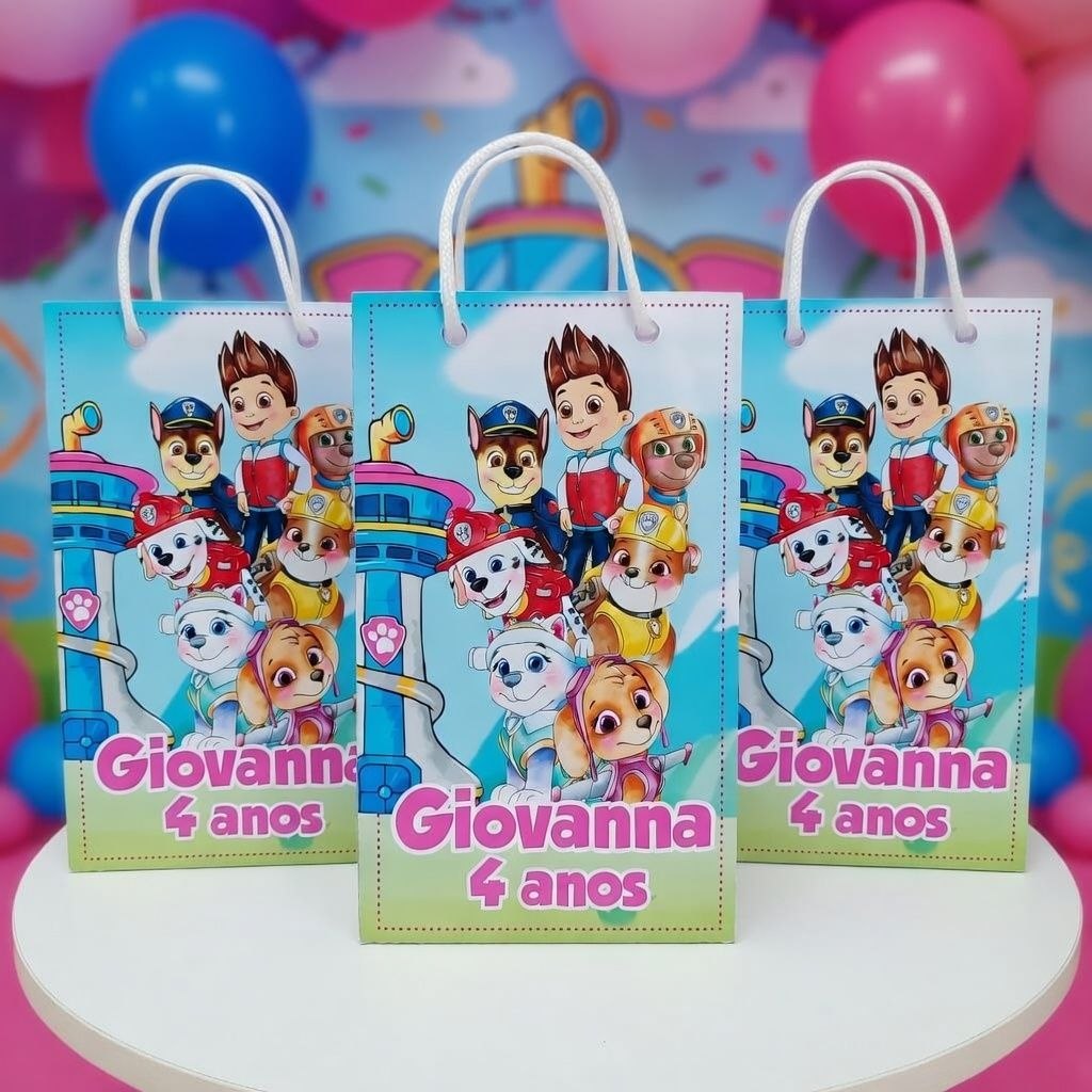 kit Sacolinhas Surpresa Personalizadas 10x15 - Lembrancinhas aniversario Patrulha Canina rosa menina