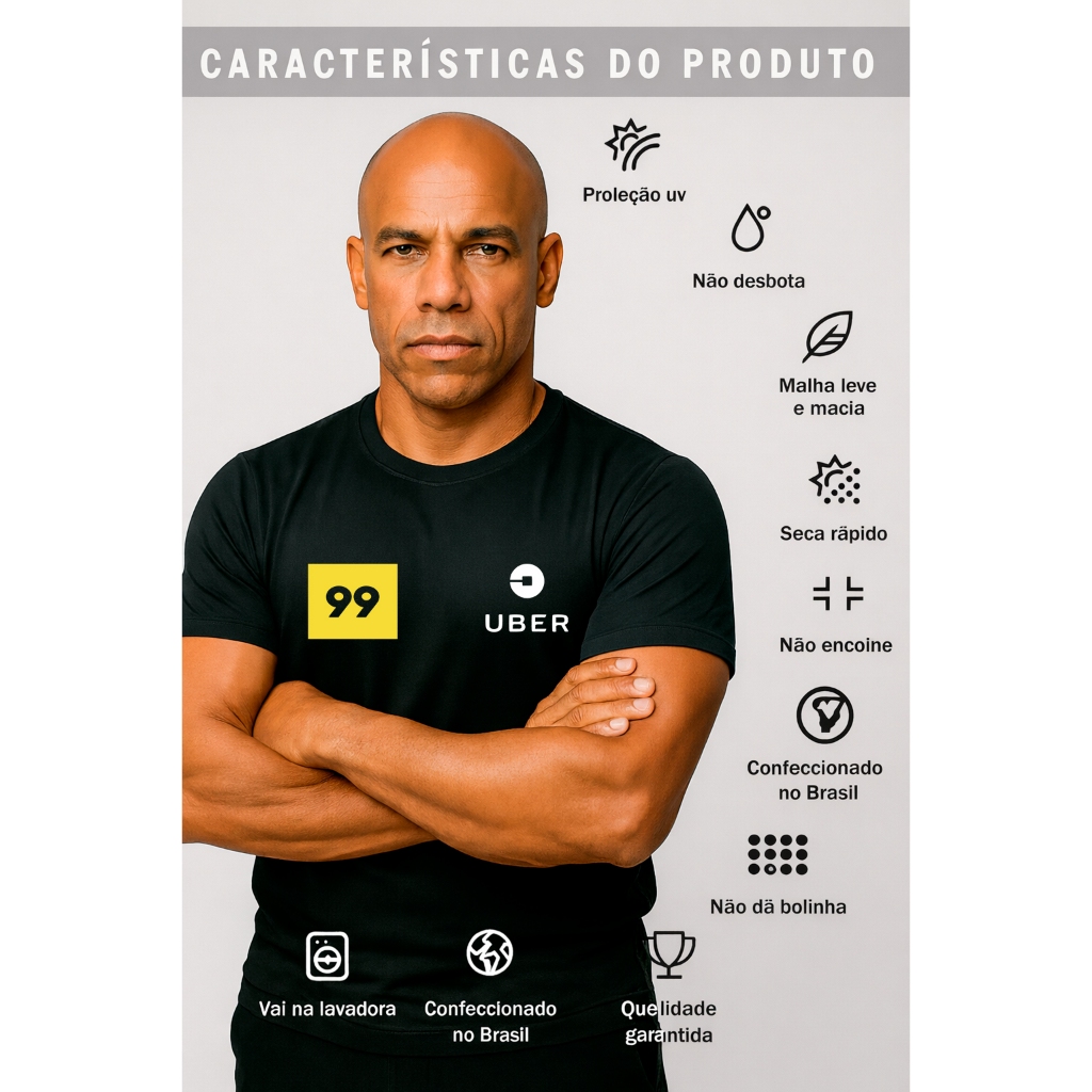 Camiseta Uniforme Profissional Uber 99 Taxi Fardamento Farda Camisa Manga Curta Preta Logo