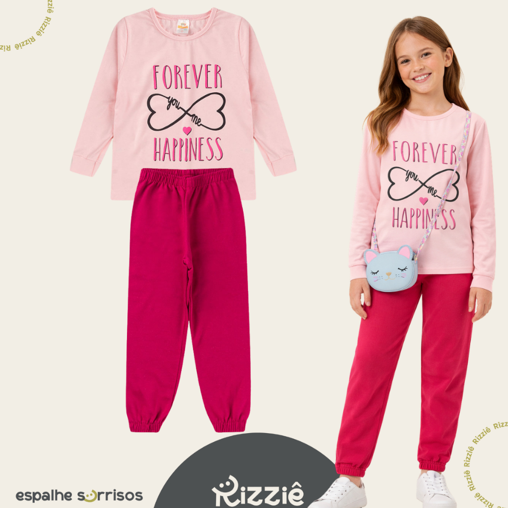 Conjunto com  Blusa em Meia Malha Feminina e Calça de Moletom Peluciado - Tam 1 ao 16 anos.