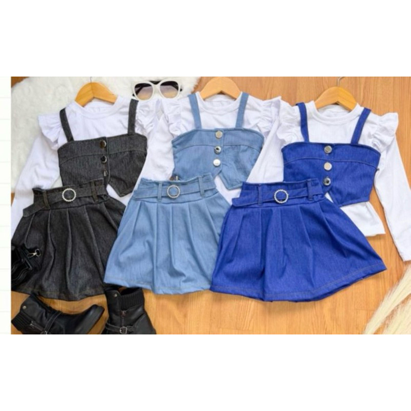 trio jeans blusa branca inverno manga cumprida saia short infantil menina juvenil criança