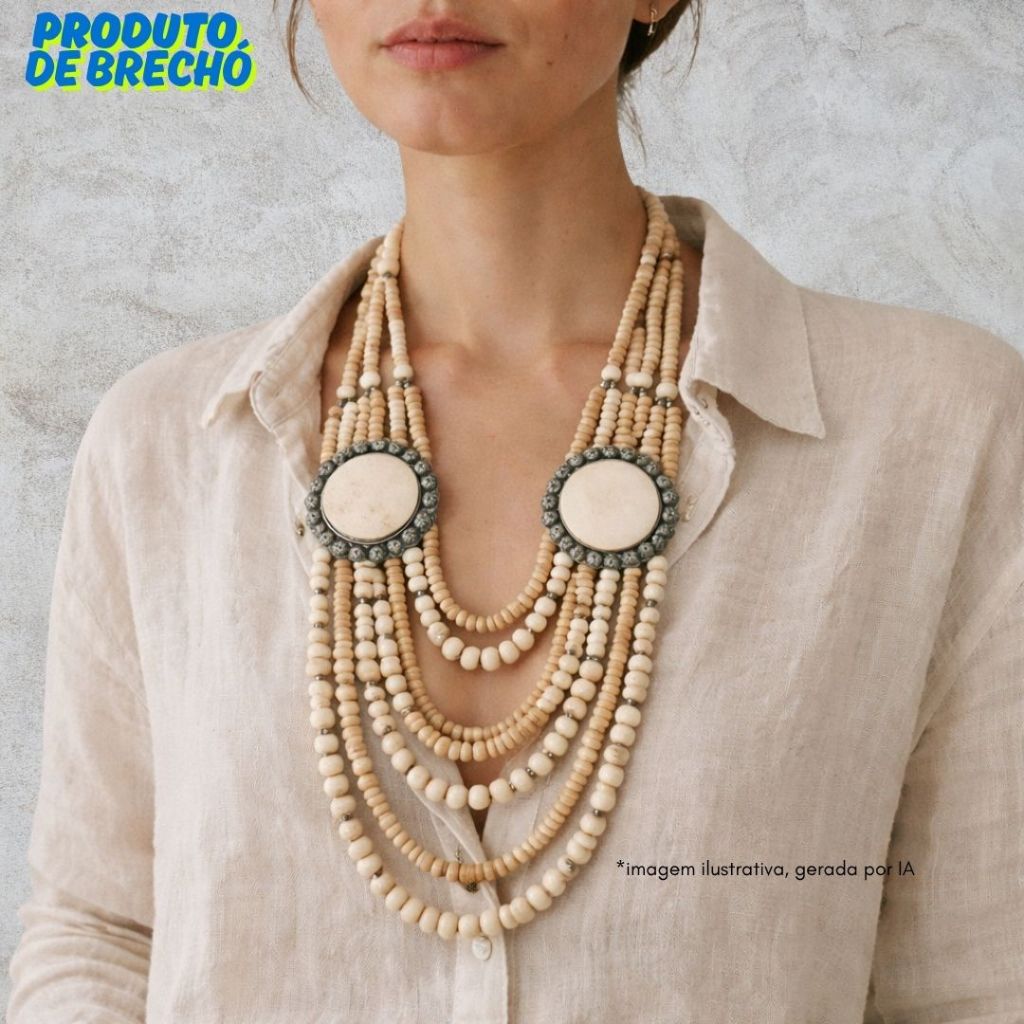 raridade colar boho brechó contas naturais bege multicamadas estilo 70s tribal artesanal