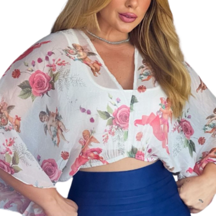 Blusa Cropped Manga Morcego Decote em V - Elegante, Chique, Não Amassa