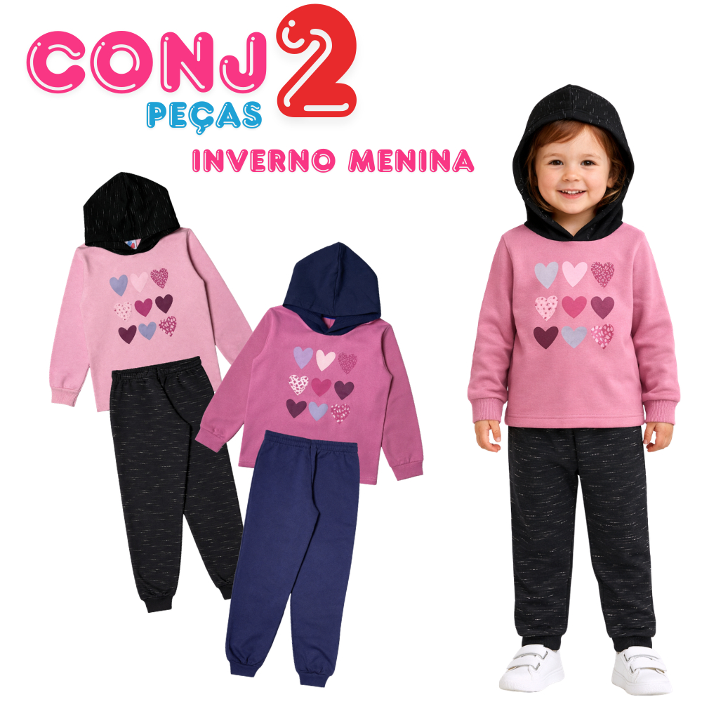 Conjunto Moletom Peluciado Menina com Capuz Inverno 2 Peças Infantil 4 ao 10