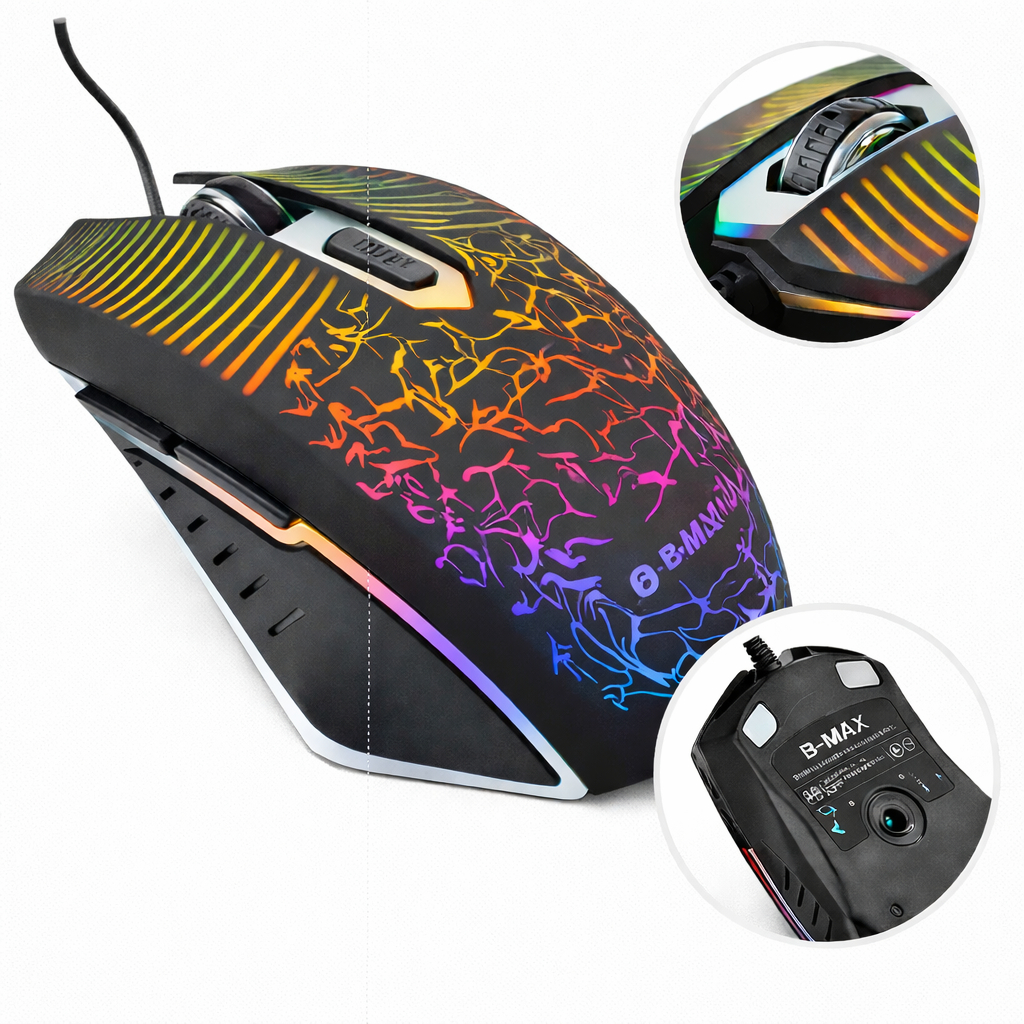 Mouse USB RGB Gamer 3600 DPI 6 Botões Ergonômico Original B-MAX