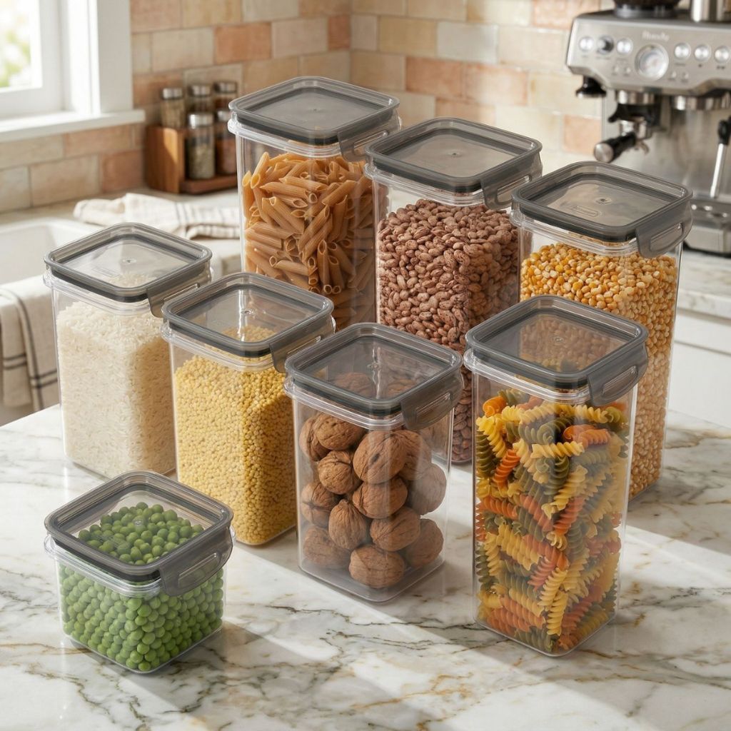 Kit 8 Potes Porta Mantimentos Trava Mais Cristal 380ml, 830ml, 1,24L e 1,6L Herméticos