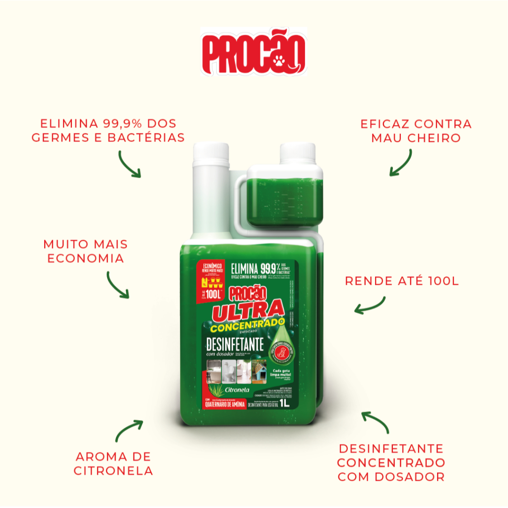 Desinfetante Concentrado Procão - Pet e Casa - Limpeza Pesada - Elimina Odor - Citronela 1L