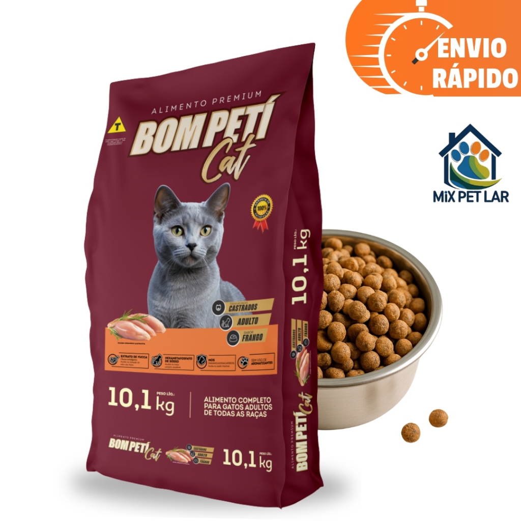 RAÇÃO BOM PETÍ CAT ALIMENTO PREMIUM PARA GATOS ADULTOS CASTRADOS 10,1KG SABOR FRANGO