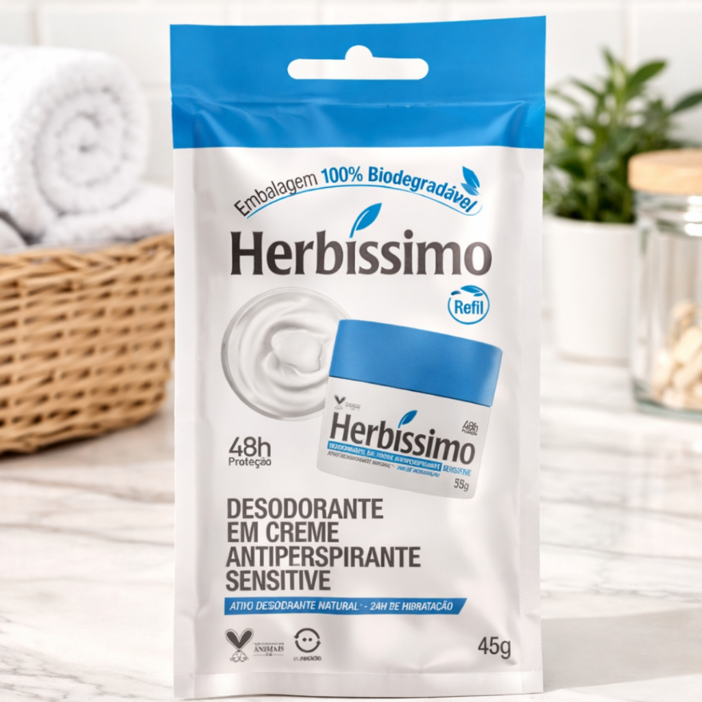 Sachê Refil Desodorante Creme Antitranspirante Herbíssimo Sensitive 45G Vegano Embalagem Ecológica