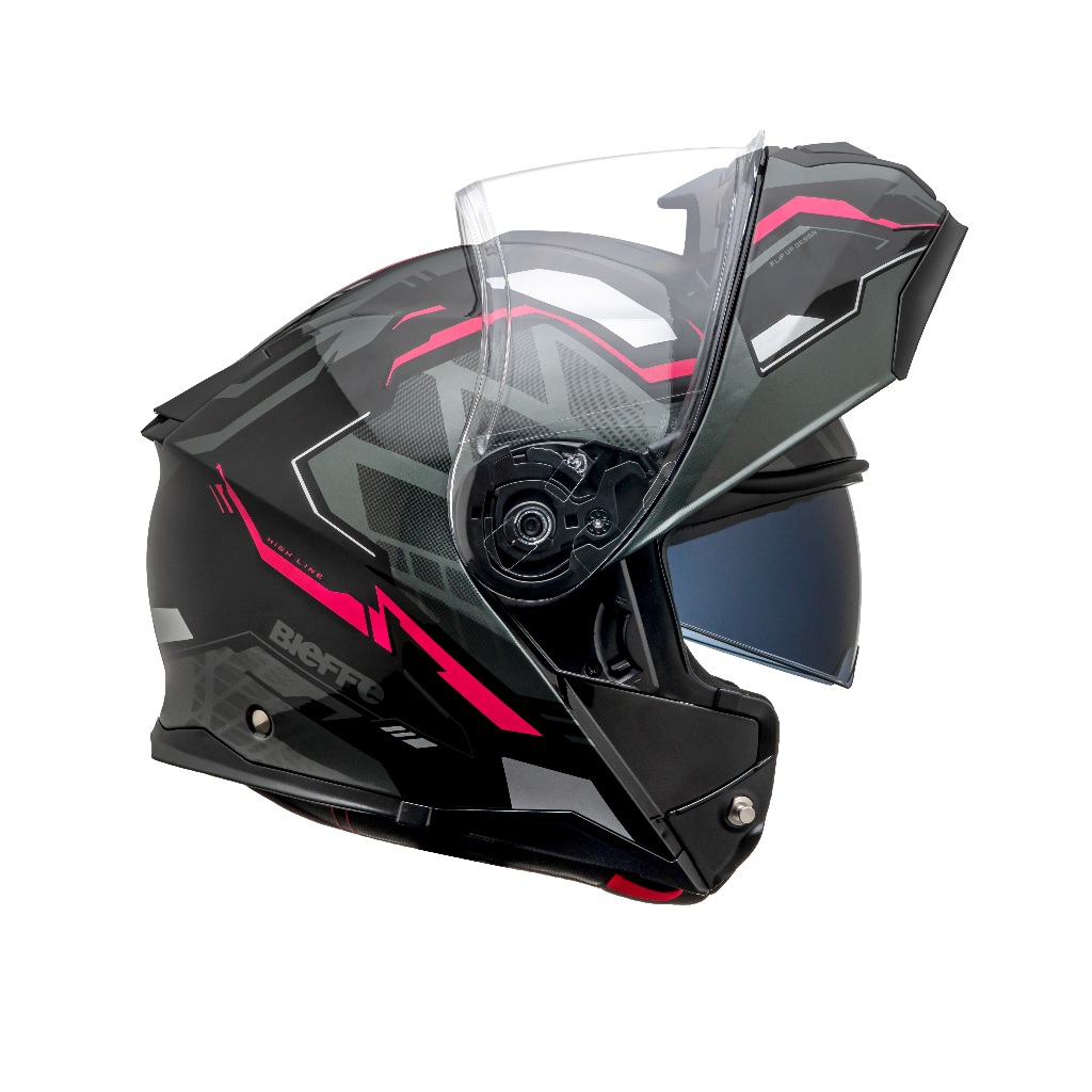 Capacete Moto Escamoteável Marca Bieffe Premium - B-Dynamic Attractie Preto Brilho c/ Rosa Robocop