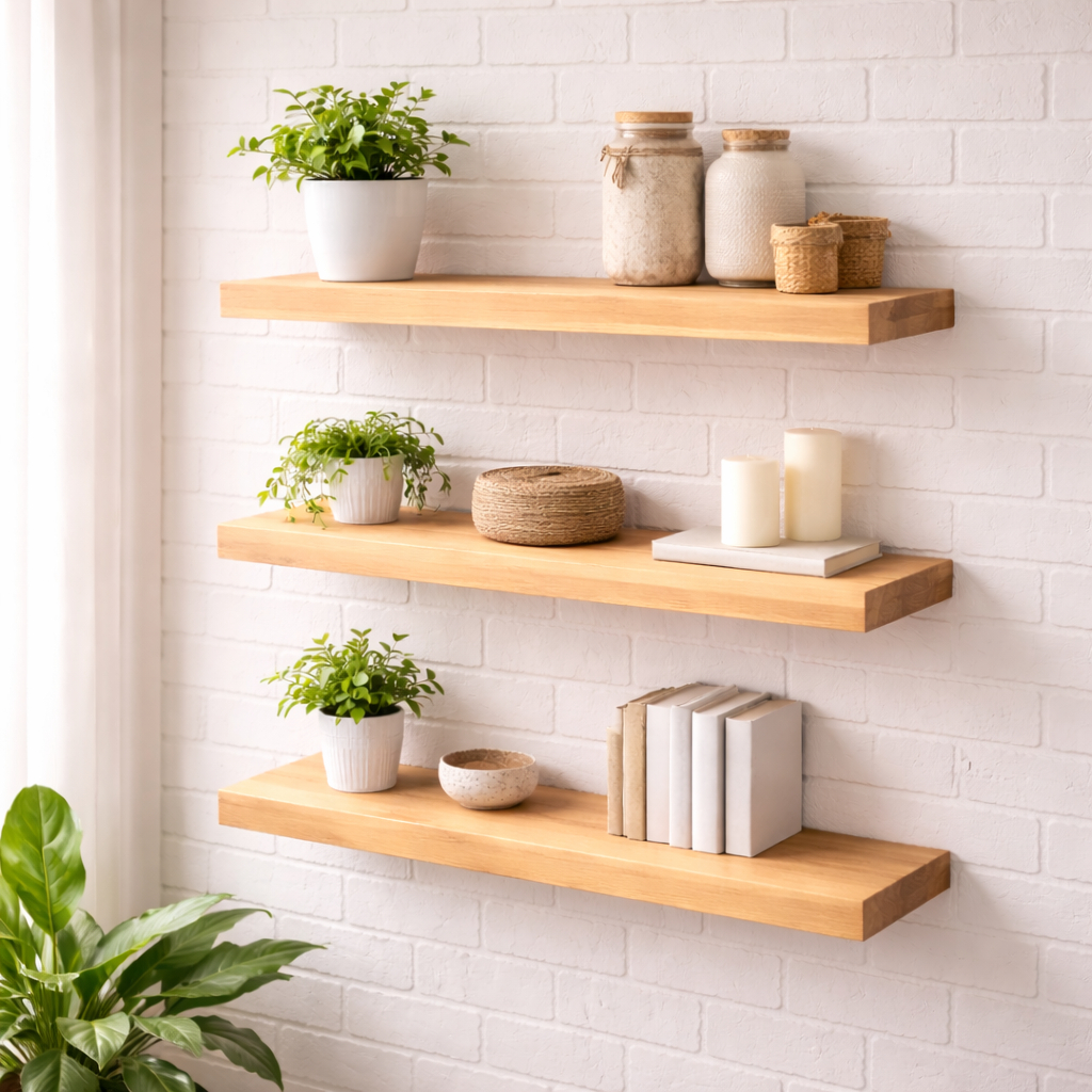 Kit 3 Prateleiras em Pinus Madeira Grossa Lixada 60x20 Suporte Invisível 8mm Natural para ...