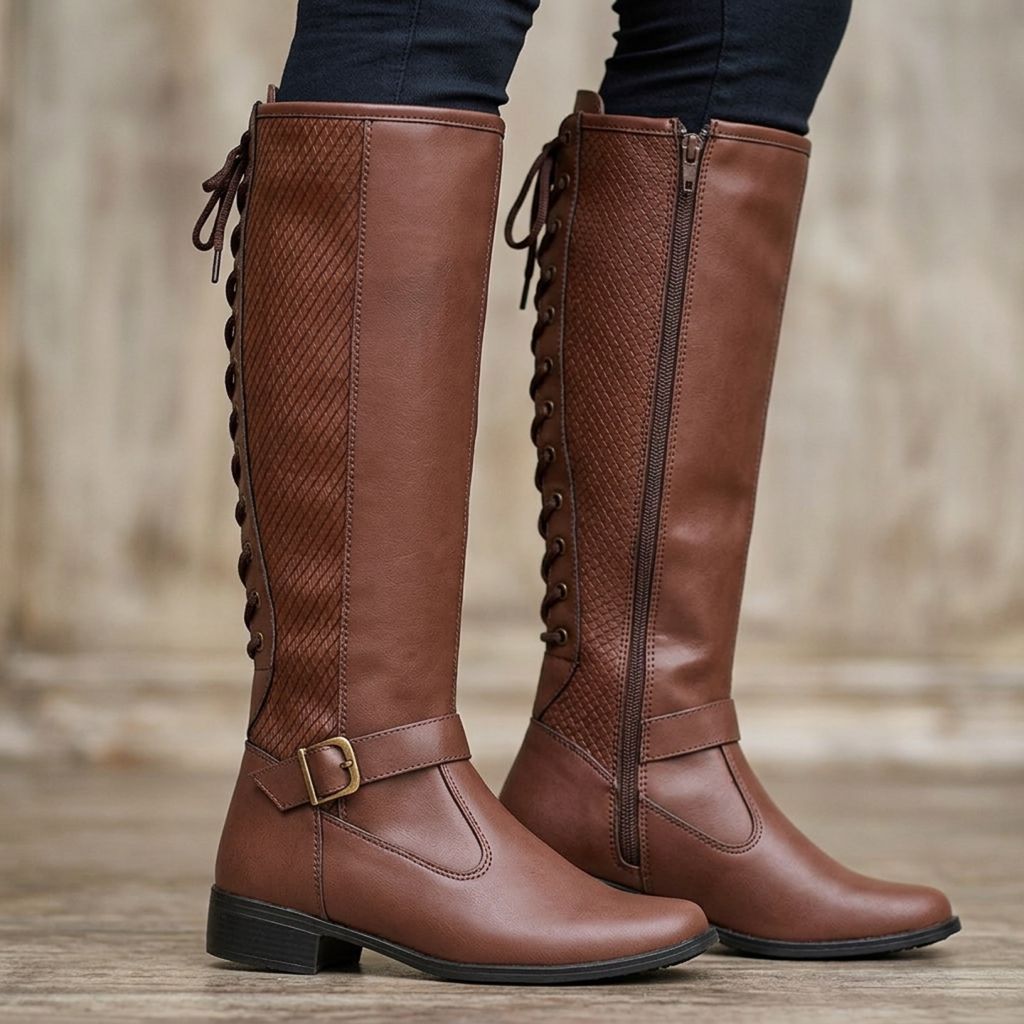 Bota Feminina Estilo Montaria Panturrilha Grossa Ajustável Bico Redondo Cano Alto Fivela Conforto