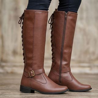 Bota Feminina Estilo Montaria Panturrilha Grossa Ajustável Bico Redondo Cano Alto Fivela Conforto
