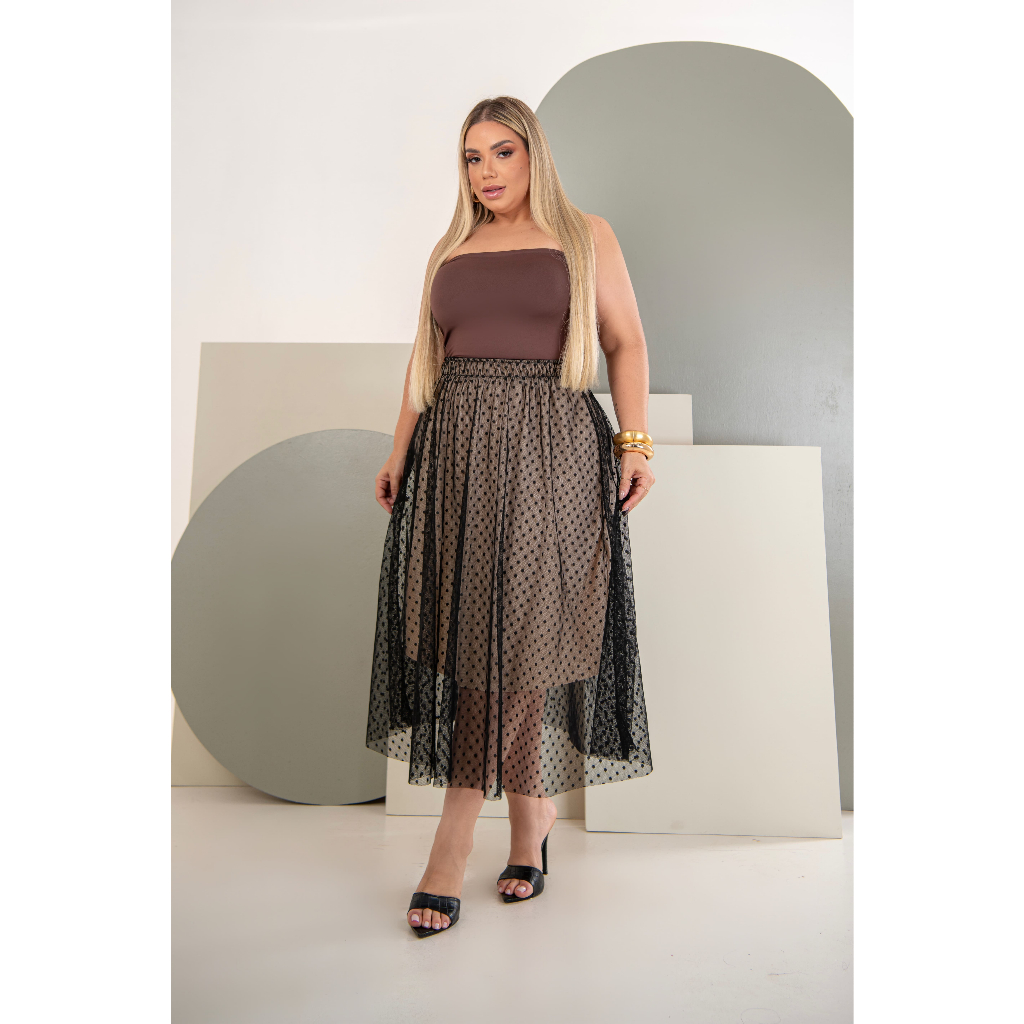 Saia Plus Size Midi Tule Com Forro Cintura Alta Elegante