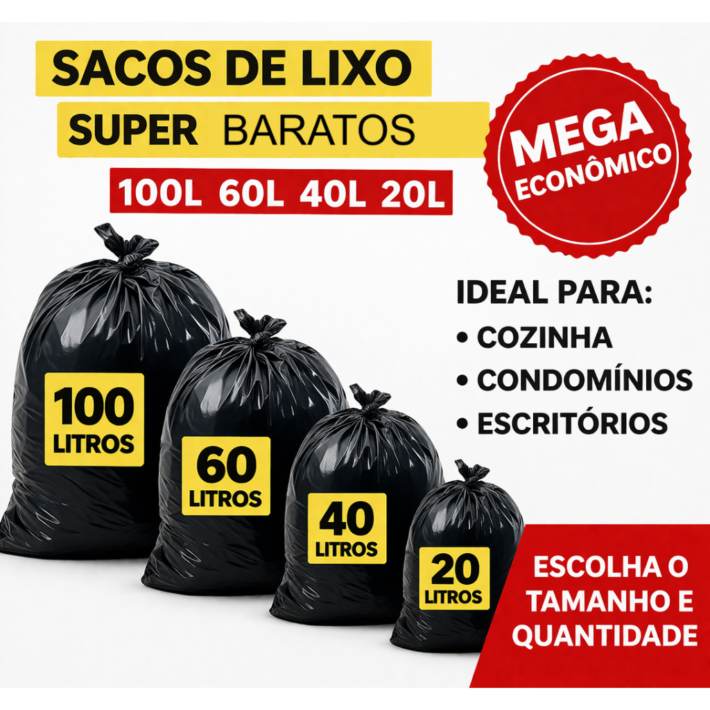 Saco de Lixo 100 - 60 - 40 - 20 Litros resistente Preto Cozinha Banheiro