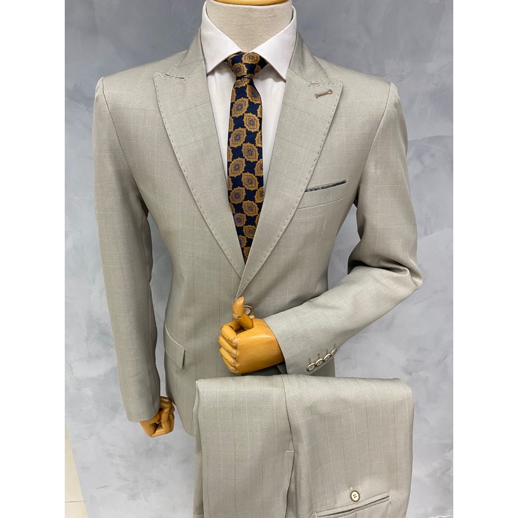 Terno Principe de Gales Lapela Larga Textura Casemira Cor Creme Quadriculado Nova Modelagem Slim