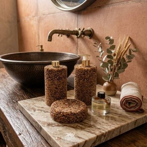 Kit Lavabo Feito a Mão de Pedras Granito Natural 3 Peças Bandeja Difusor Saboneteira