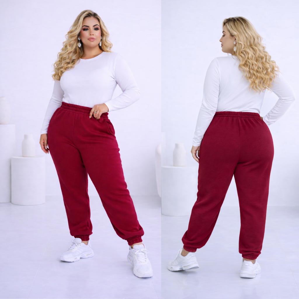 Calça Jogger Feminina Plus Size Moletom Cintura Alta Bolsos Confortável Streetwear Casual Dia a Dia