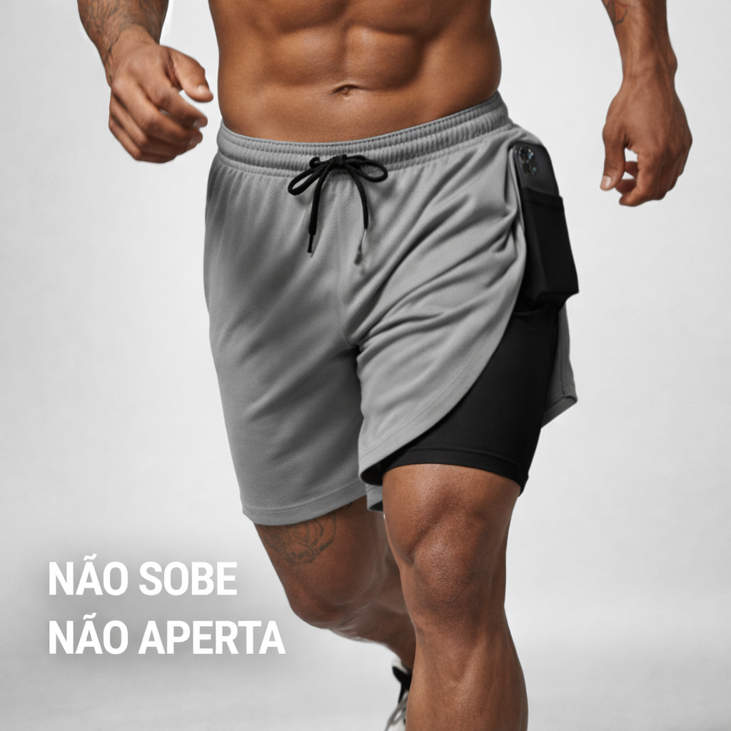 Short Masculino 2 em 1 Academia Corrida Treino Com Bolso Celular Compressão Não Sobe Dry Fit