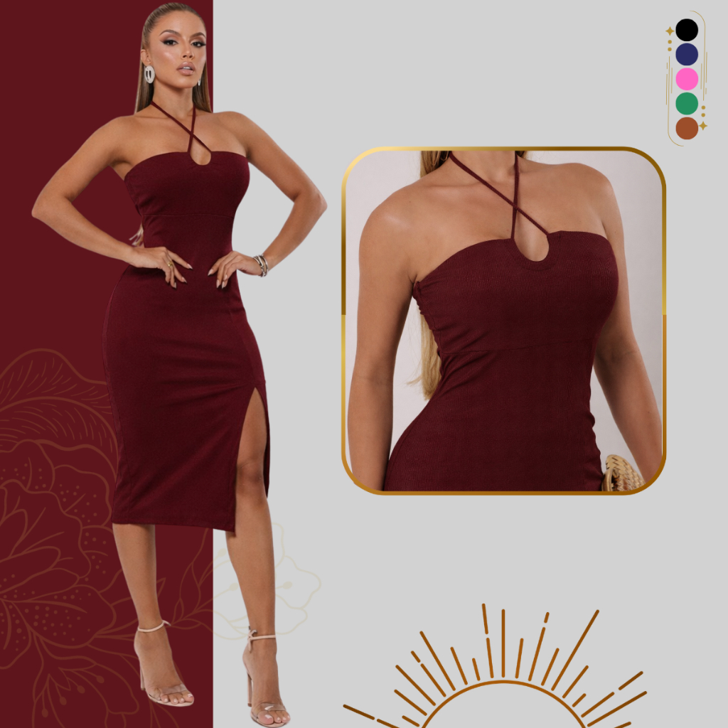 Vestido Midi Feminino Justo Elegante Fenda Lateral Decote Cruzado Festa Ribana Canelada Premium
