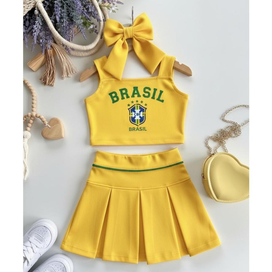 Conjunto Infantil Brasil 2 Peças Saia Plissada e Cropped Para Meninas