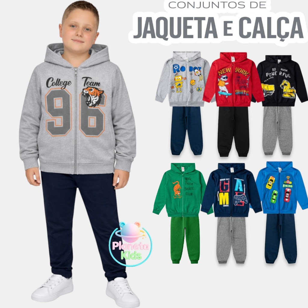 Kit 10 Peças Moletom Jaqueta com Capuz e Zíper e Calça Menino Inverno - Tamanhos 1 a 16