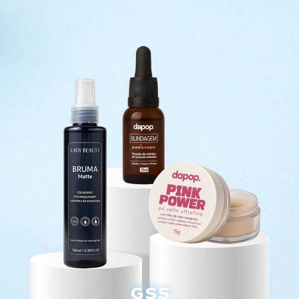Kit Dapop Blindagem + Bruma Matte Lady Beauty + Pó Rosa Mosqueta – Fixação e Acabamento Perfeito