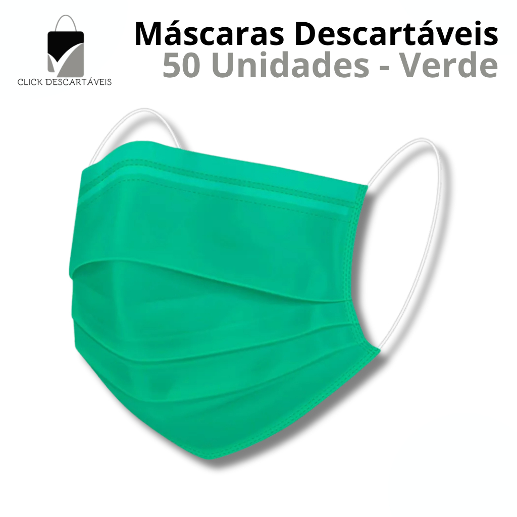 100 Uni. Máscara Descartável VERDE | Tripla Camada de Proteção + Elástico Ajustável