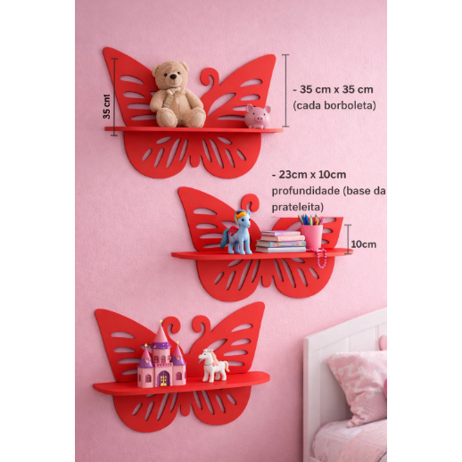 Kit 3 Prateleiras Infantil Borboleta Nicho Borboleta em MDF 3 peças