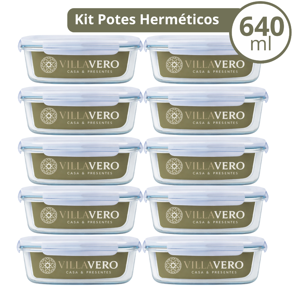 Kit 10 Pote de Vidro 640ml Hermético Tampa Marmita de Vidro com Vedação Fit Mantimentos