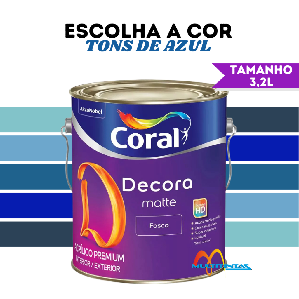 Tinta Parede Fosca Coral Tons de Azul Premium Decora Matte 3,2l Cores Azuis Escolha o Tom