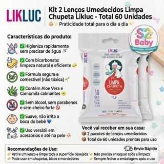 Kit 2 Lenços Umedecidos Limpa Chupeta Likluc Bicos Mamadeira Higiene Bebê 60un em Oferta na Shopee