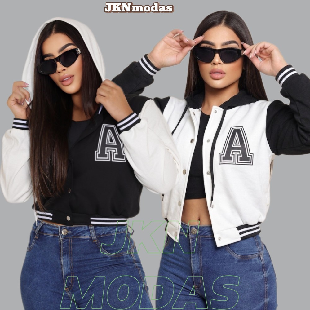 JAQUETA Bomber Feminina Moletom Com CAPUZ, Varsity, Letra A Colegial Inverno Blogueira, Moda casual , casaco
