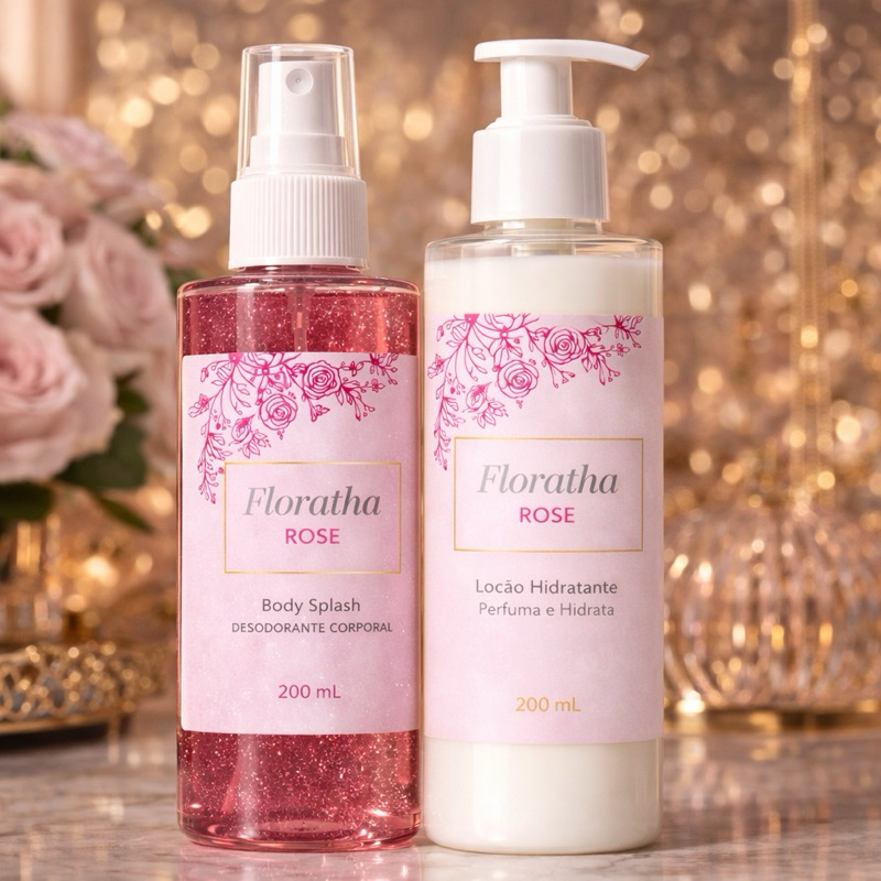 1 Kit feminino Body Splash Florata Rose com gliter 200Ml + 1 Hidratante Corporal Florata Rose 200ML