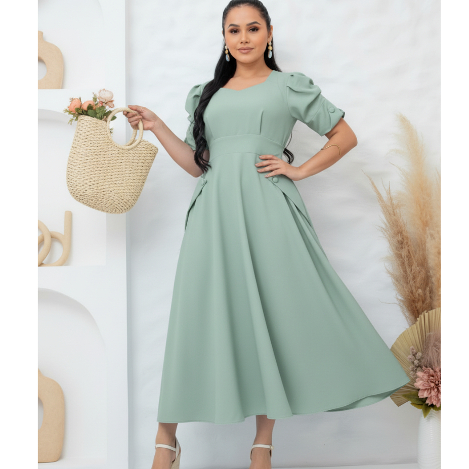 VESTIDO LUIS TWILL MODA EVANGELICA -MODA FEMININA, SAIA LONGA COM BOTÕES FORRADOS E MANGA BUFANTE TENDENCIA, MODA VERÃO