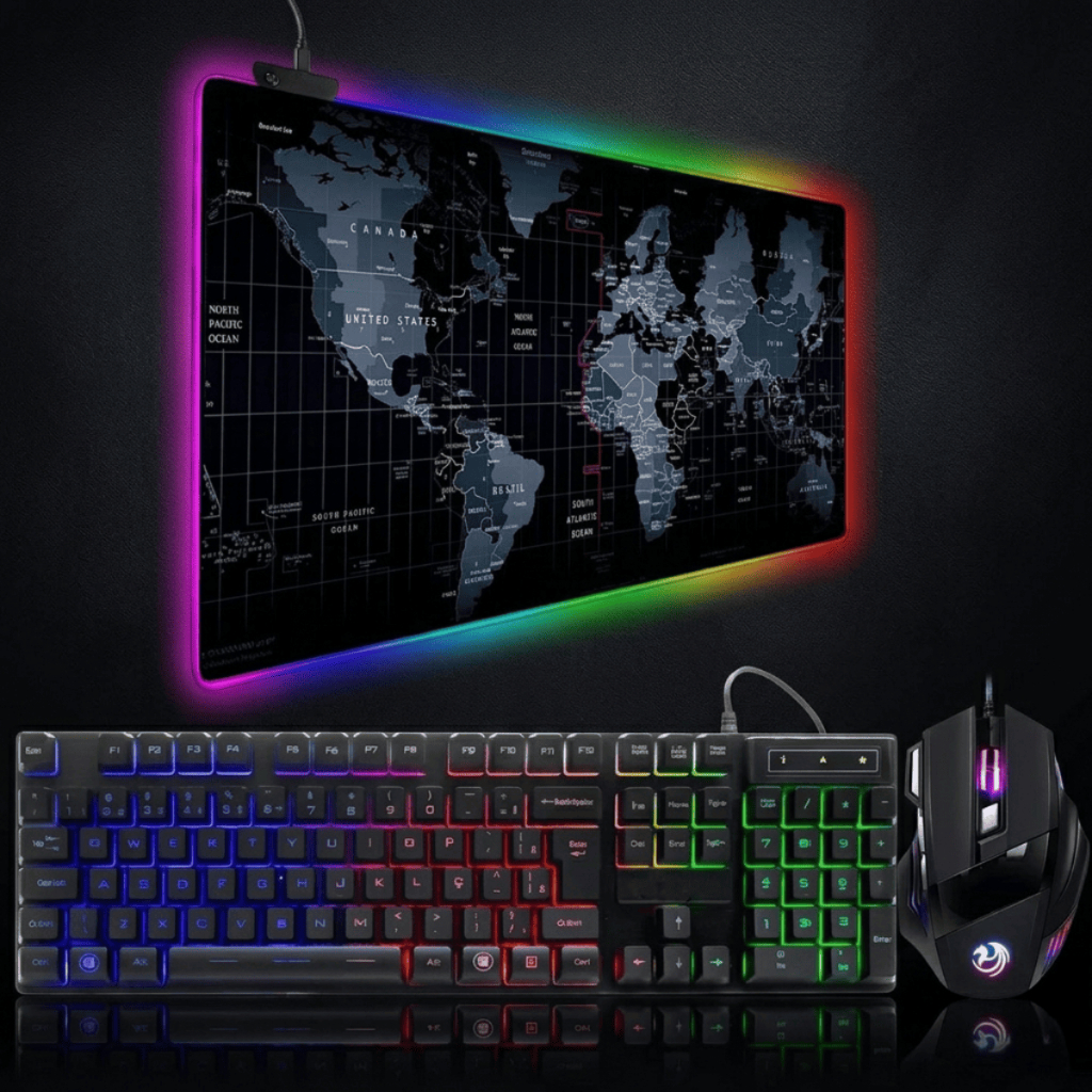 Kit 3 em 1 Gamer Teclado Semi-Mecânico Iluminado + Mouse RGB 3200 DPI + Mousepad 80x30cm Grande