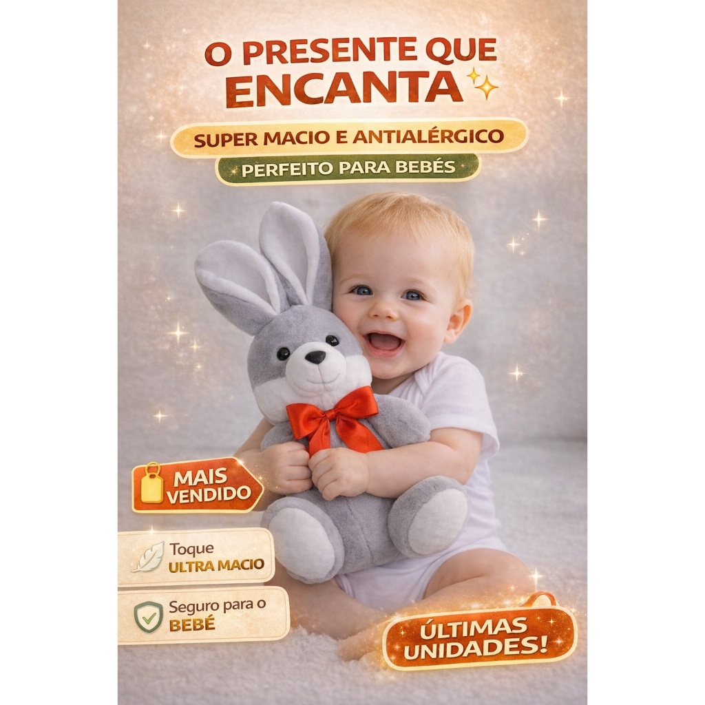 Coelho de Pelúcia 28 cm — Macio, Encantador e Perfeito para Presentear