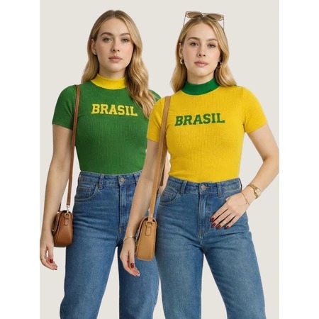 Kit 2 Blusas Brasil Camiseta Feminina Bandeira do Brasil Estampada Torcedor Premium Slim ao Plus size