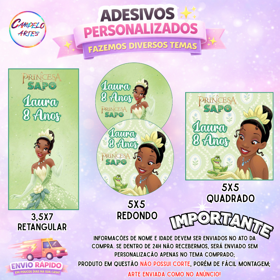 40~120 ADESIVOS PERSONALIZADOS COM NOME E IDADE PARA LEMBRANCINHAS - TEMA: PRINCESA E O SAPO/TIANA