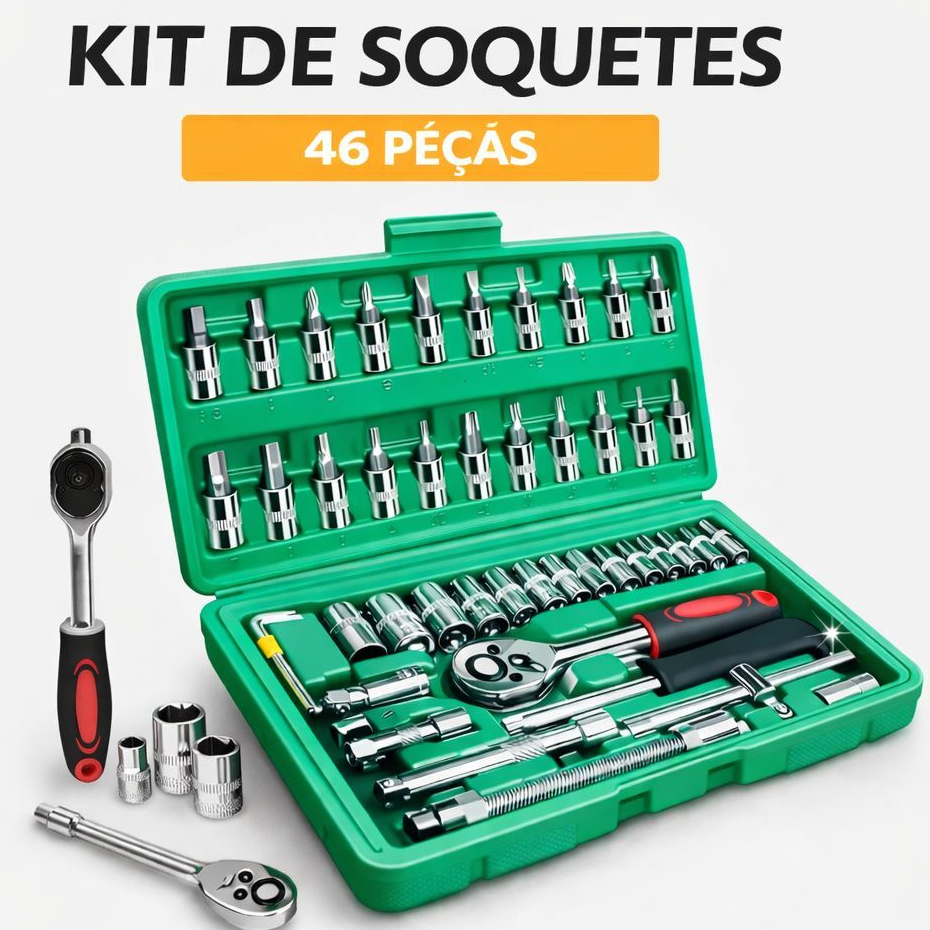 Kit de Ferramentas 46 Peças com Maleta | Soquetes 1/4” + Catraca Reversível + Bits