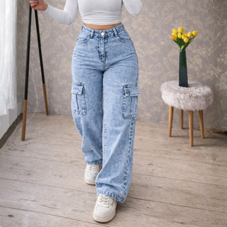 Calça Wide Leg Jeans CARGO Feminina Cintura Alta Sem Lycra