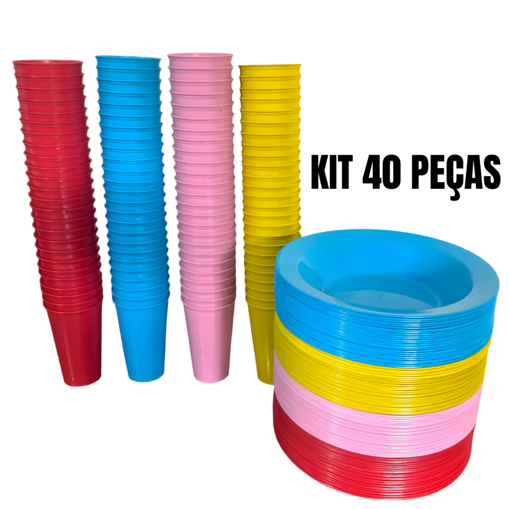 Kit 20 Pratos + 20 Copos 350ML e Pratos Fundos Redondos de Plástico Para Refeições e Alimentação