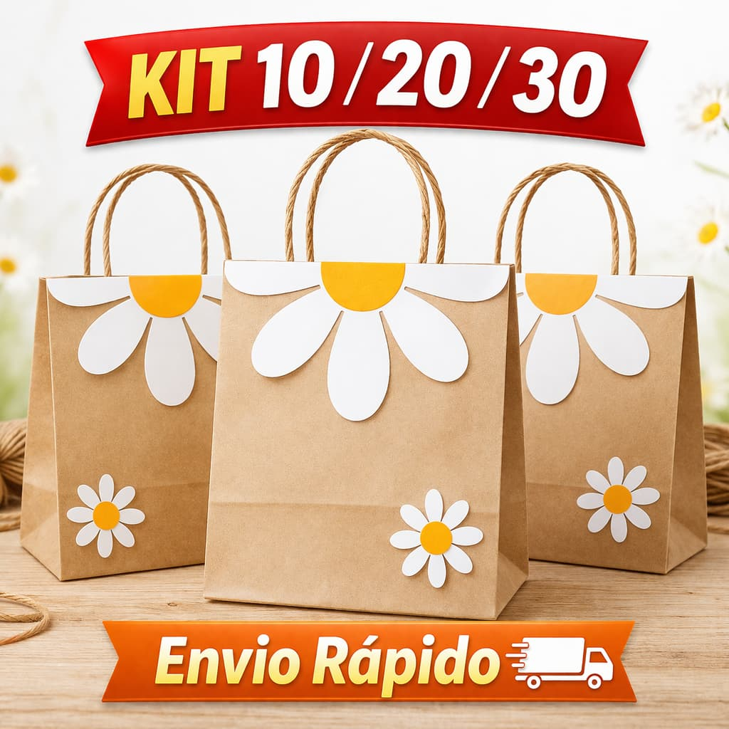 Kit Sacolas Kraft Personalizada Meia Margarida - Lembrancinha Festa Aniversário - Pronta pra usar