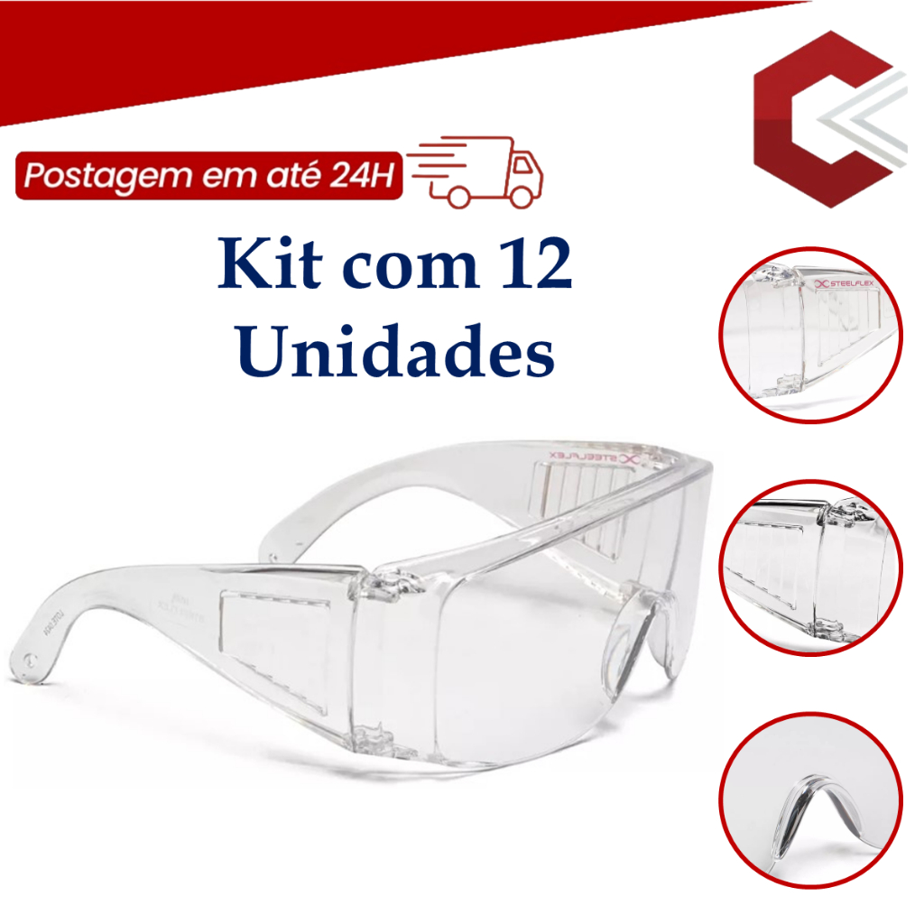 Óculos De Sobrepor Policarbonato Steelflex Pro-Tech Incolor Kit 12 Pçs Compatível Com Óculos De Grau