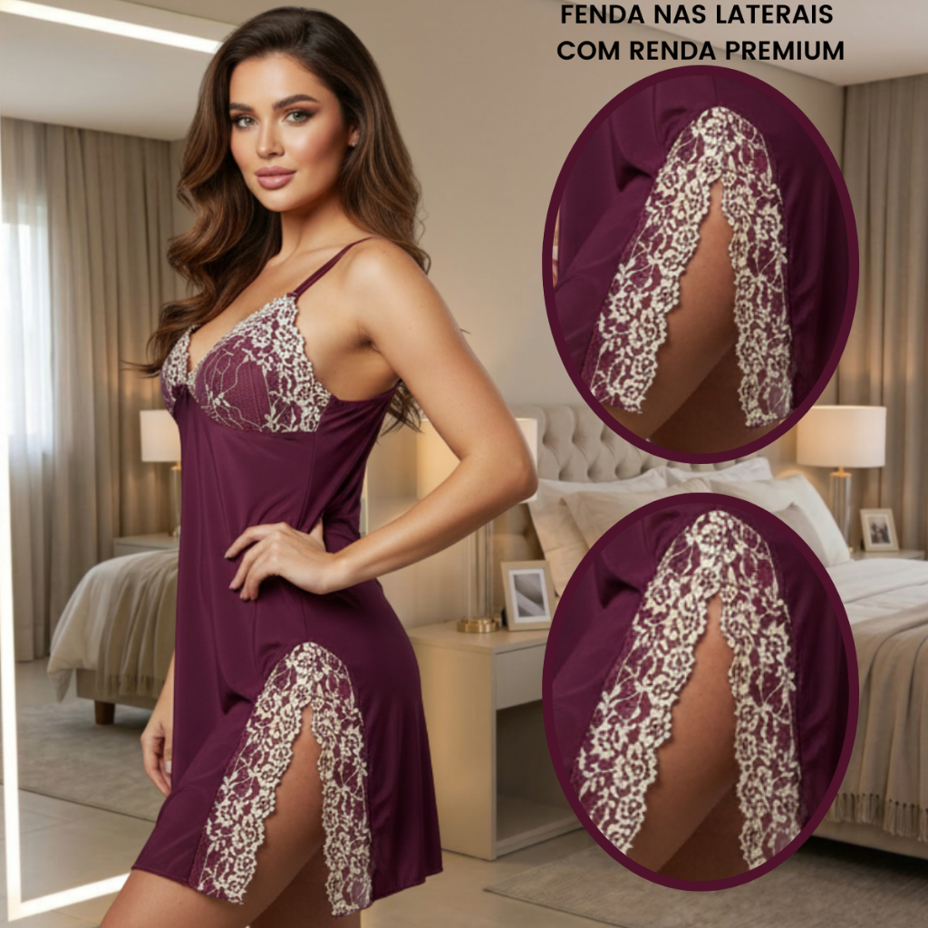 Camisola com Fenda Babydoll Detalhes em Renda Sensual Confortavel Pijama de Dormir