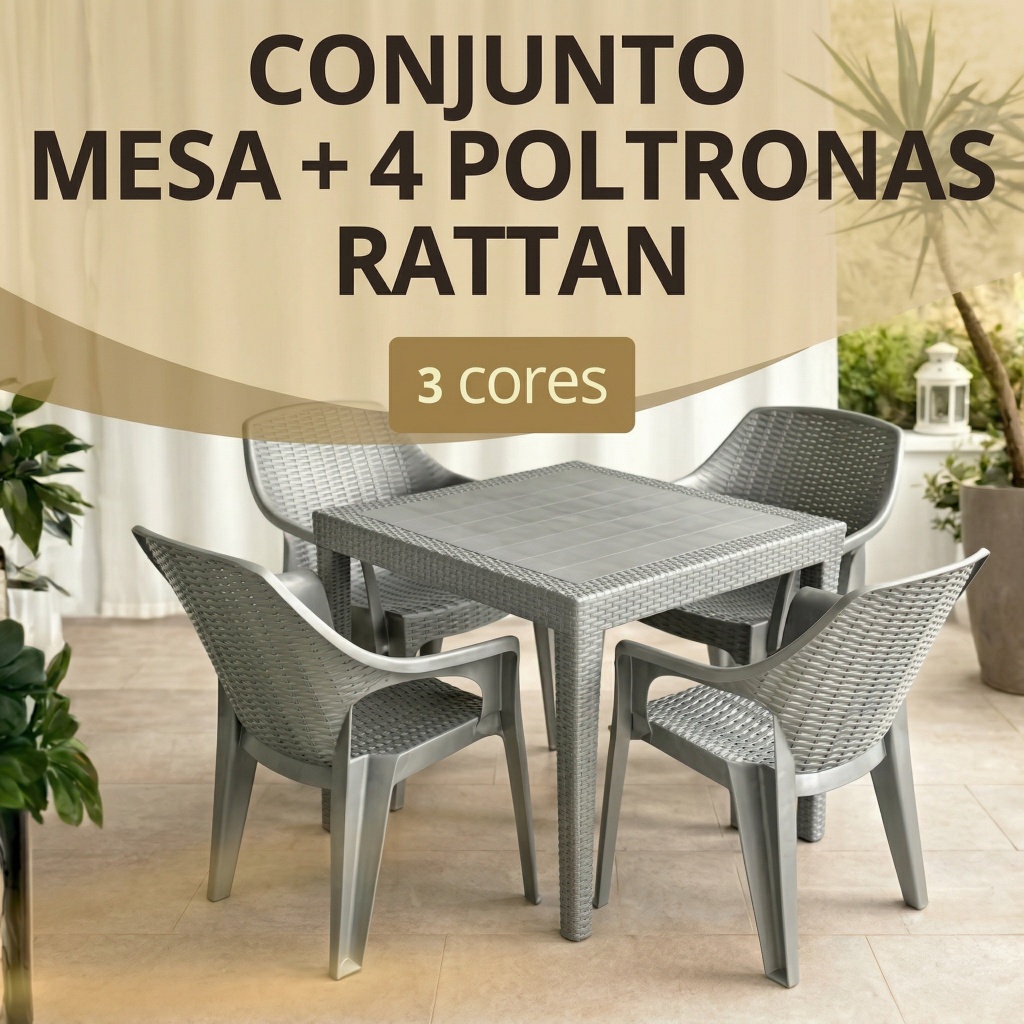 Conjunto Mesa com 4 Poltronas Rattan Cadeira Reforçada Jantar Área Jardim Salão Casa Lazer Piscina
