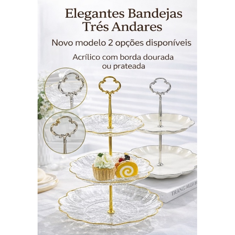 Bandeja Redonda Tripla Com Suporte Porta Doces Bolos Decorativo em Oferta na Shopee
