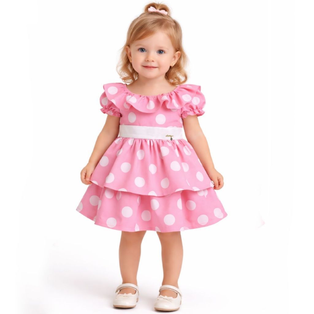 Vestido de Festa Aniversário Infantil Poá Rosa Minnie 1 a 4 Anos Bola Branca