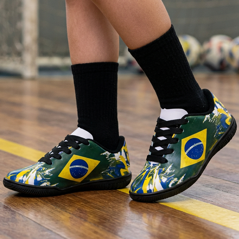 Chuteira Futsal Menino Copa do Mundo Brasil Lançamento Promoção 26 ao 33