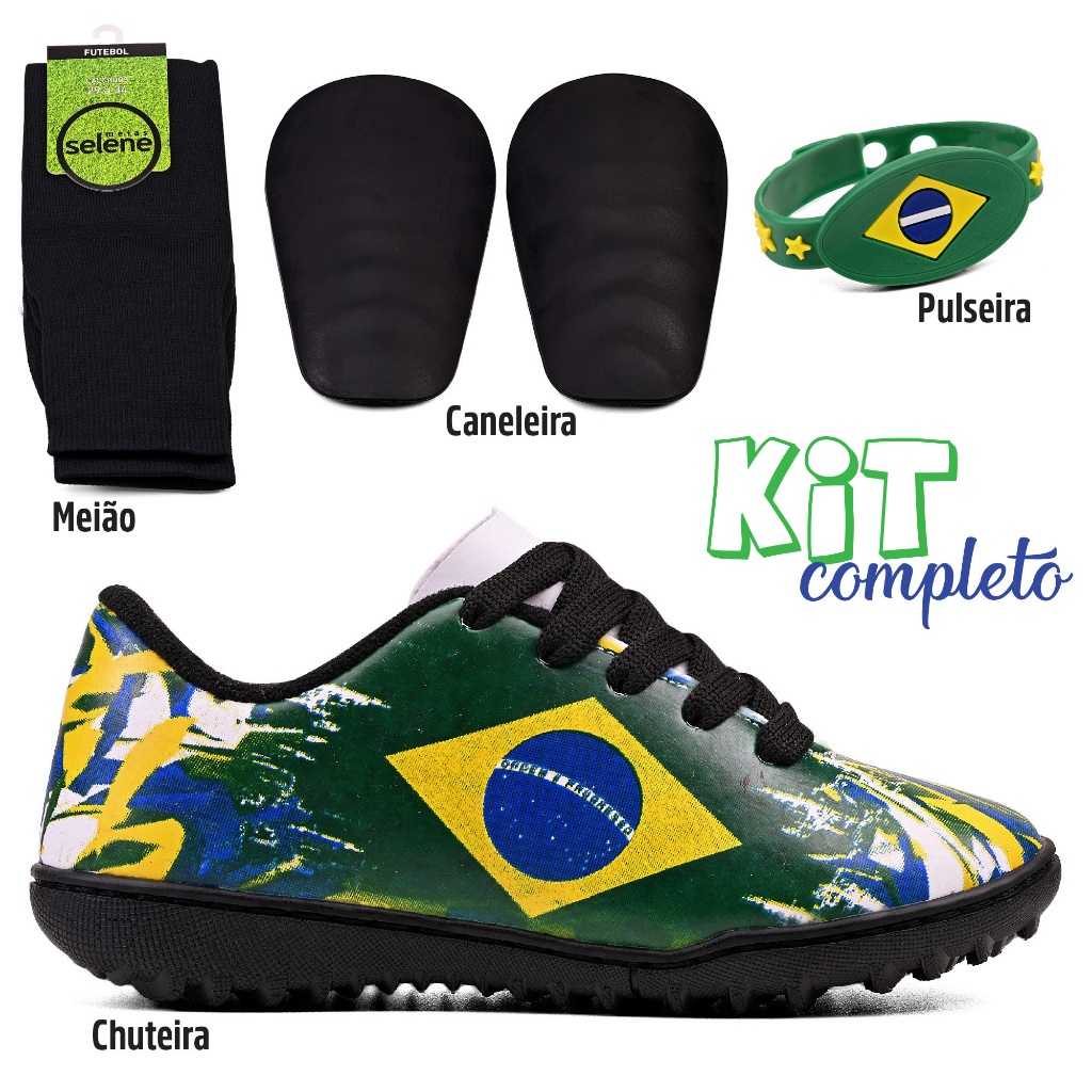 Kit Brasil Copa do Mundo Chuteira Society+Meião+Caneleira+Pulseira Lançamento 2026